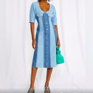 GANNI Denim Cutline Bleach Mididress button front panels size 36 / 4 / S